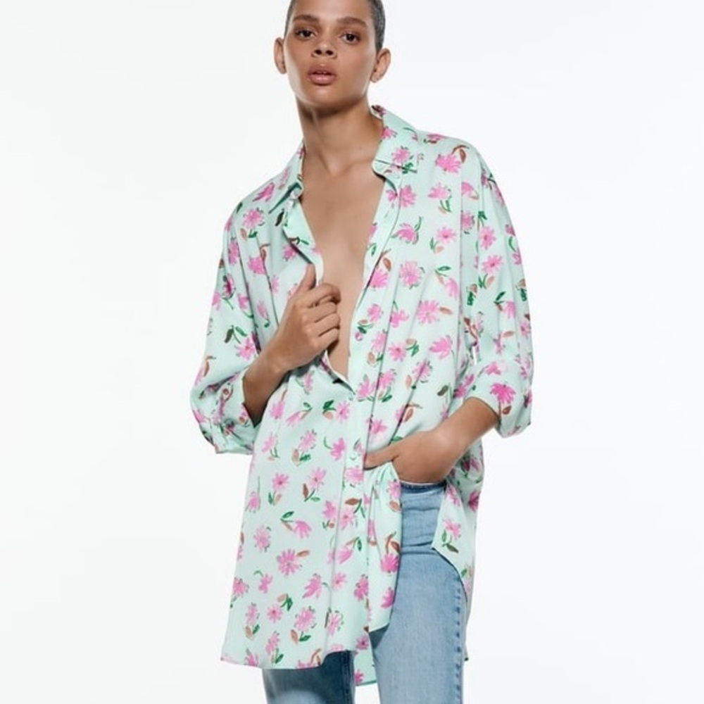 ZARA Oversized Satin Floral Button Down Top
